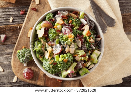 Homemade Green Broccoli Salad with Grapes Onion and Bacon