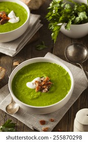 Homemade Green Spring Pea Soup With Cream And Bacon