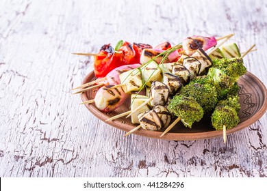 Homemade Grilled Vegetables. Veggie Shish Kabobs, Delicious Summer Meal