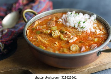 Homemade Gumbo With Rice In A Copper Pot. 