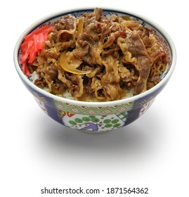 homemade gyudon, japanese beef bowl isolated on white background