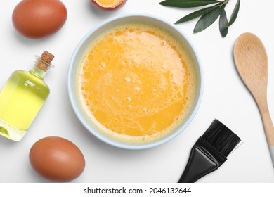 Homemade Hair Mask, Brush And Ingredients On White Background, Flat Lay