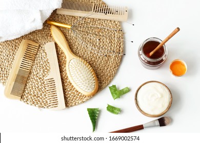 Homemade Hair Mask And Ingredients For Moisturizing Honey, Egg, Yogurt, Aloe On White Background. Hair Treatment.