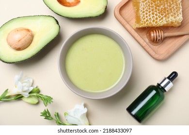 Homemade Hair Mask And Ingredients On Beige Background, Flat Lay