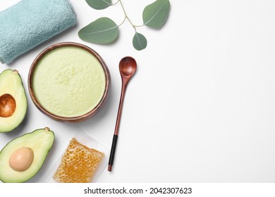 Homemade Hair Mask, Towel And Ingredients On White Background, Flat Lay. Space For Text