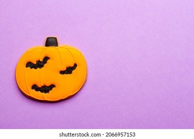 Homemade Halloween Cookies, Pumpkins On Purple Background