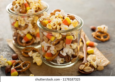 Homemade Halloween Trail Mix With Candy Corn, Popcorn And Pretzels