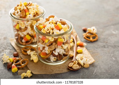 Homemade Halloween Trail Mix With Candy Corn, Popcorn And Pretzels