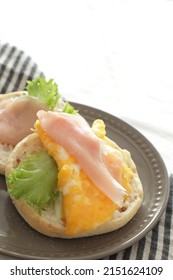 Homemade Ham And Scrambled Egg In English Muffin Sandwich For Cafe Food Image 