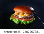 Homemade hamburger or burger with fresh vegetables. Burger with tomatoes on a black background.A quick snack. The concept of fast food.