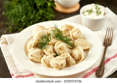 Homemade handmade dumplings, organic from farm meat with herbs and sauce, Russian national cuisine