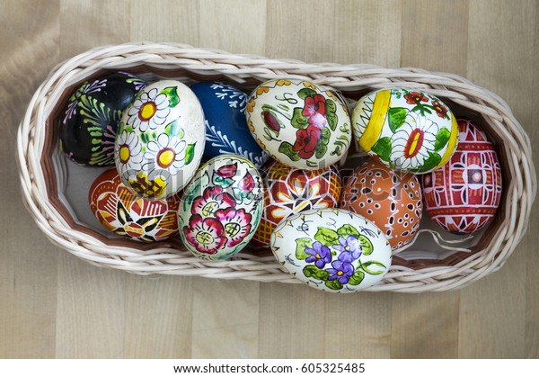 Homemade Handmade Painted Eggs Basket Wooden Royalty Free Stock