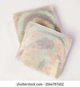 Homemade Handmade Soap. Sandalwood Scent. Small Business, Organic Products, Natural Ingredients. Top View.