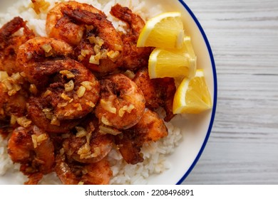 Homemade Hawaiian Garlic Shrimp Scampi On A Plate, Top View. Flat Lay, Overhead, From Above. Close-up.