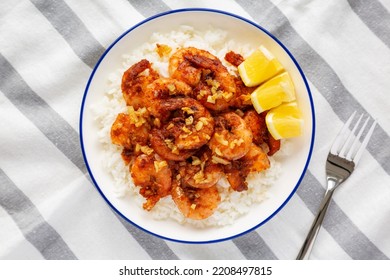 Homemade Hawaiian Garlic Shrimp Scampi On A Plate, Top View. Flat Lay, Overhead, From Above.