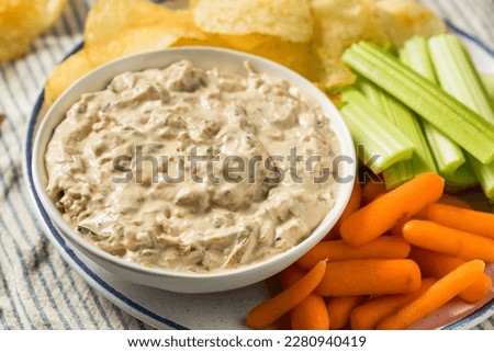 Homemade Healthy Carmelized Onion Dip with Chips and Celery