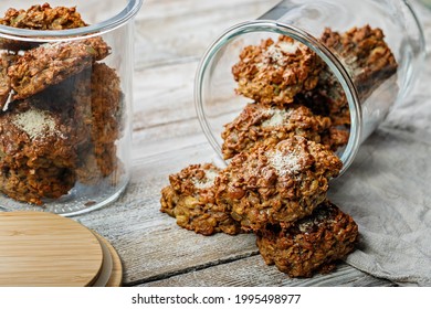 Homemade healthy gluten-free oatmeal cookies. Healthy food or fitness snack. Oats, isolated milk proteins, dried fruits. Sugarless. Weight control and proper nutrition.