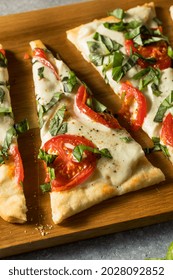 Homemade Healthy Margherita Flatbread PIzza With Basil And Tomato