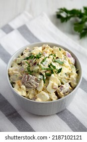 Homemade Healthy Potato Salad With Eggs In A Bowl, Side View. 