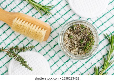 Homemade Herbal Scrub (foot Soak Or Bath Salt) With Rosemary, Thyme, Sea Salt And Olive Oil. Natural Skin And Hair Care. DIY Beauty Treatments And Spa Recipe. Top View, Copy Space
