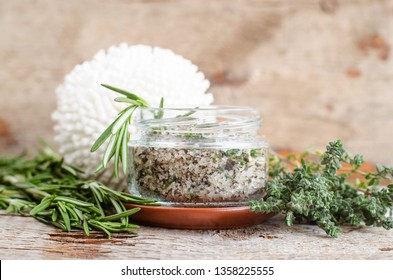 Homemade Herbal Scrub (foot Soak Or Bath Salt) With Rosemary, Thyme, Sea Salt And Olive Oil. Natural Skin And Hair Care. DIY Beauty Treatments And Spa Recipe. Copy Space