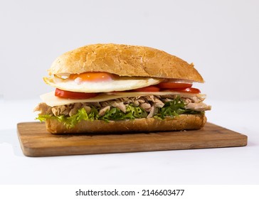 Homemade Hoagie With Meat Chicken Egg, Lettuce And Tomato. Official Sandwich Of Philadelphia. National Hoagie Day Concept.