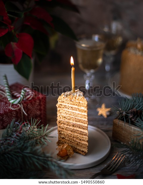 Homemade Honey Cake Winter Composition New Stock Photo Edit
