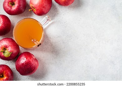 Homemade Hot Apple Cider In A Glass Cup, Top View, Copy Space. Autumn Or Winter Warming Drink.