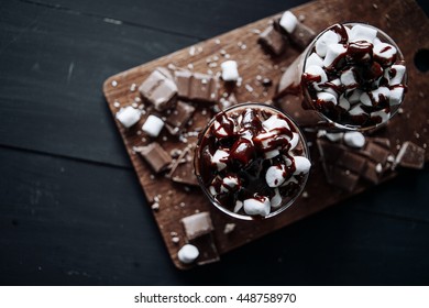 Homemade Hot Chocolate. A Cup With Hot Chocolate, Marshmallows And Bar Chocolate. Top View Point.