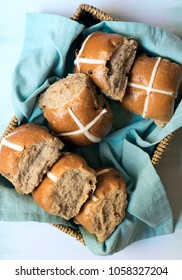 Homemade Hot Cross Buns In A Blue Napkin.