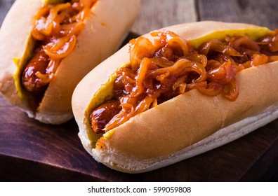 Homemade Hot Dogs With The Onion Sauce On Top, New York Street Cart Food 