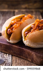 Homemade Hot Dogs With The Onion Sauce On Top, New York Street Cart Food 