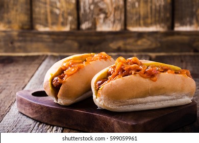 Homemade Hot Dogs With The Onion Sauce On Top, New York Street Cart Food 