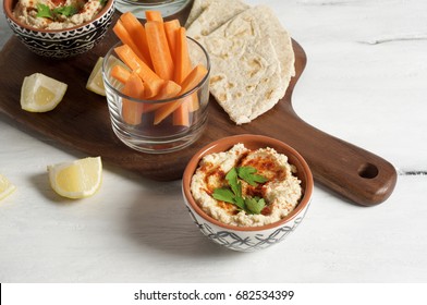 Homemade Hummus With Pita, Carrot And Cucumber Sticks