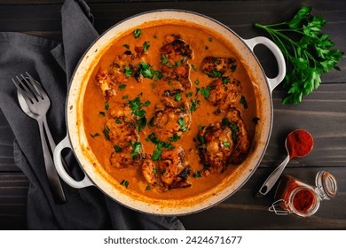 Homemade Hungarian Chicken Paprikash in a Large Pot: Slow-cooked chicken thighs in a rich cream sauce made with sweet paprika and sour cream - Powered by Shutterstock