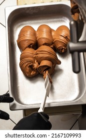 Homemade Ice Cream Preparation. Remove The Ice Cream From The Batch Freezer And Place It On The Tray