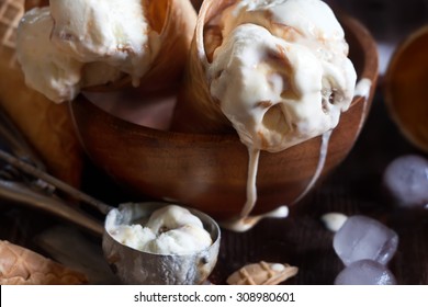 Homemade Ice Cream With Salted Caramel In Waffle Cones