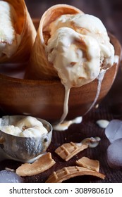 Homemade Ice Cream With Salted Caramel In Waffle Cones