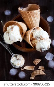 Homemade Ice Cream With Salted Caramel In Waffle Cones