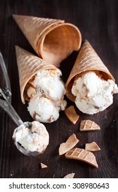 Homemade Ice Cream With Salted Caramel In Waffle Cones