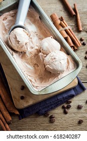 Homemade Ice Cream With Scoop In Frozen Metallic Container On Wooden Background - Vegan Vegetarian Dairy Free Gluten Free Organic Banana Ice Cream Nicecream With Cinnamon And Coffee