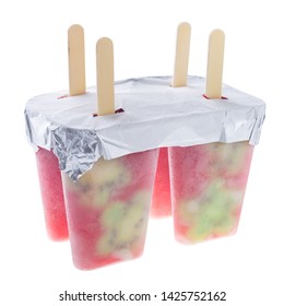 Homemade Ice Popsicle In Tray With Kiwi And Strawberry Filling Isolated On White Background, Concept Healthy Eating