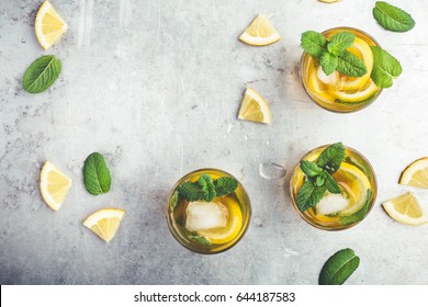 Homemade Iced Lemon Sweet Tea With Mint On Light Gray Table With Copy Space Viewed From Above, Delicious Refreshment Summer Drink 