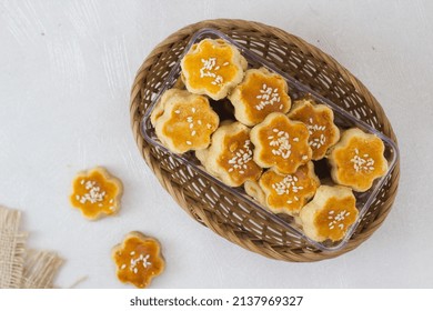 Homemade Indonesian pineapple tart cookies or Nastar served to celebrate Idul Fitri or Eid al Fitr.
