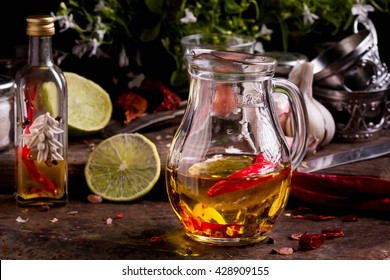 Homemade Infused Olive Oil. Olive Oil with Hot Chili Pepper, Basil, Oregano and Garlic to make amazing dipping oil for bread or to toss roasted veggies and meat in. 
 - Powered by Shutterstock