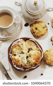 Homemade Irish Soda Bread For St. Patrick's Day Served With Butter  Cup Of Tea Overhead View