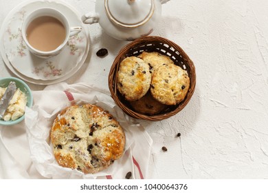 Homemade Irish Soda Bread For St. Patrick's Day Served With Butter  Cup Of Tea Overhead View