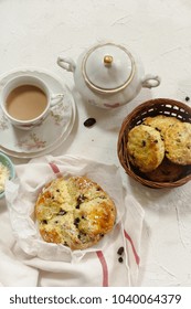 Homemade Irish Soda Bread For St. Patrick's Day Served With Butter  Cup Of Tea Overhead View