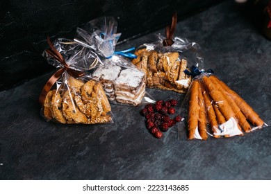 Homemade Italian Cantuccini With Almonds On A White Plate, Side View. Crispy Almond Cookies. Natural And Healthy Snack Food - Fruit Pastille From Apples, Raspberry And Currant On A White Background. 