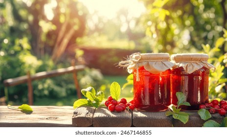 homemade jam in glass canning jars on old wood table in summer garden - Powered by Shutterstock